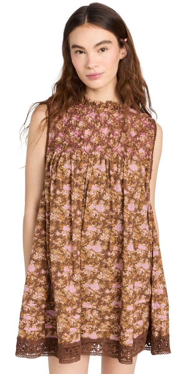 Free People Shea Printed Mini Dress Chocolate
