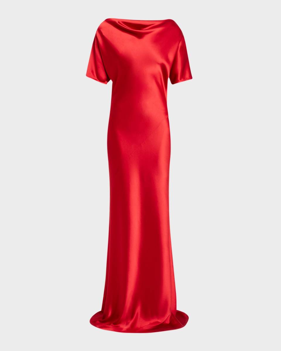 Cowl-Neck Short-Sleeve Silk Gown