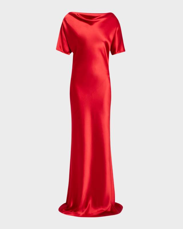 Cowl-Neck Short-Sleeve Silk Gown
