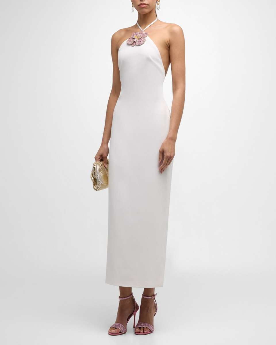 Lexie Embellished Backless Halter Midi Dress