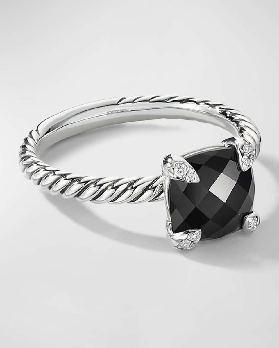 Chatelaine Ring with Black Onyx and Diamonds in Silver, 8mm, Size