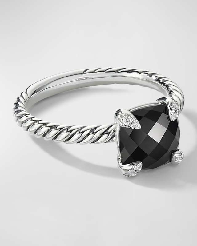 Chatelaine Ring with Black Onyx and Diamonds in Silver, 8mm, Size