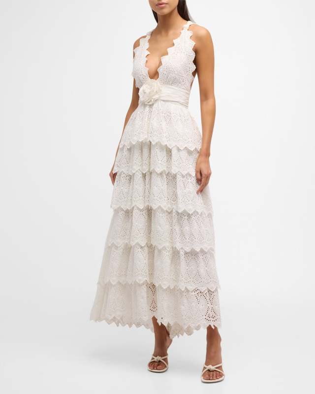 Nevis Embroidered Cutwork Sleeveless Plunge Fit & Flare Midi Dress