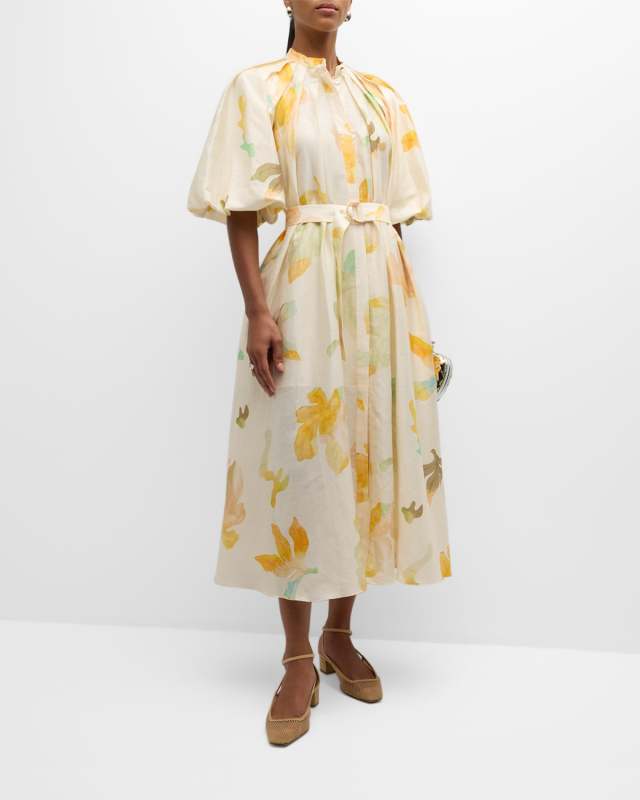 Cranhurst Floral Puff-Sleeve A-Line Midi Dress