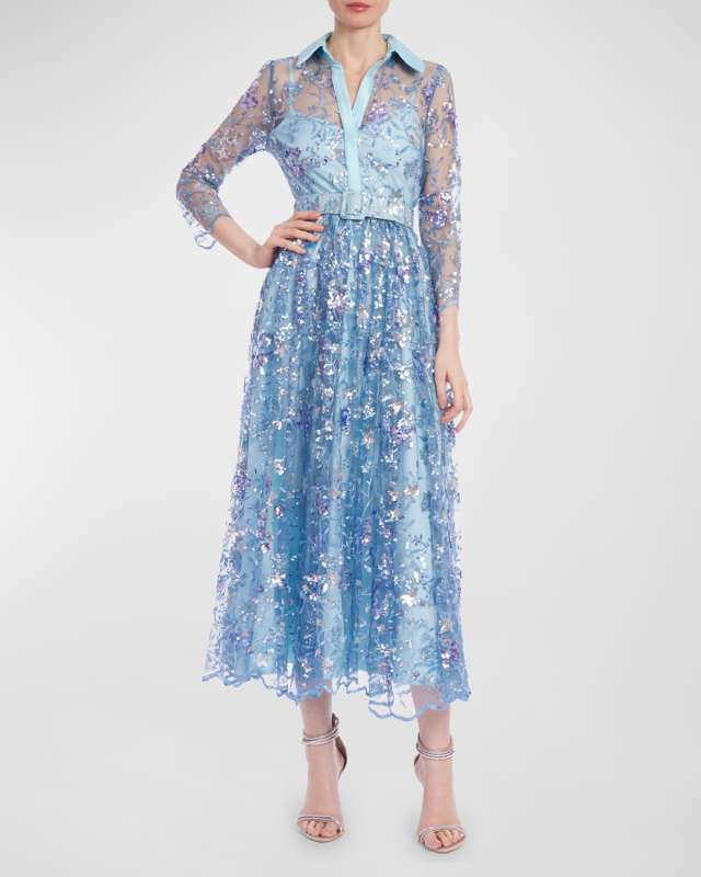 Sequin Embroidered Illusion Midi Shirtdress