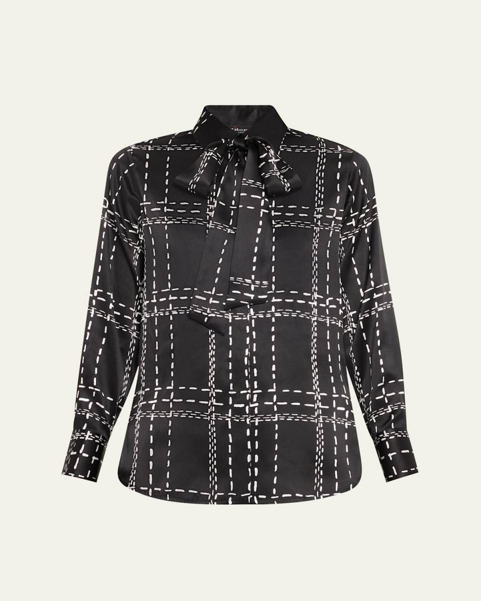 Stitch Print Neck-Tie Silk Blouse