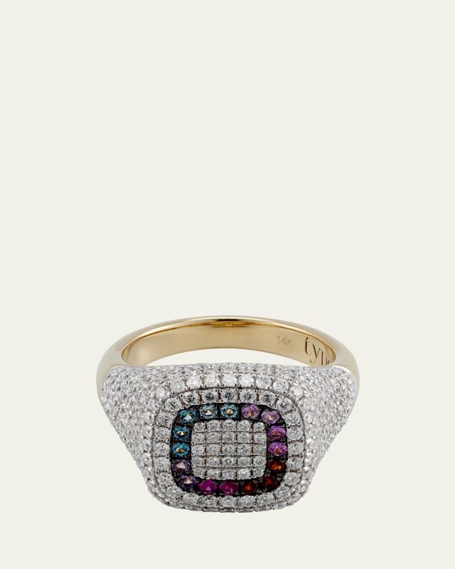 14K Yellow Gold 11th Signet Multi-Color Rainbow Ring