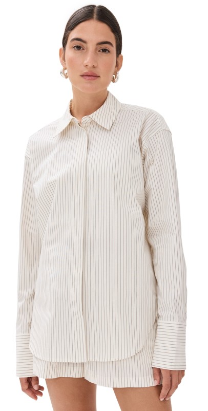 Good American Stripe Poplin Shirt Putty Pencil Stripe003