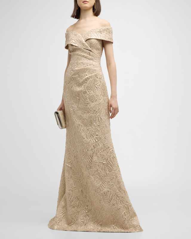 Off-Shoulder Metallic Jacquard Gown