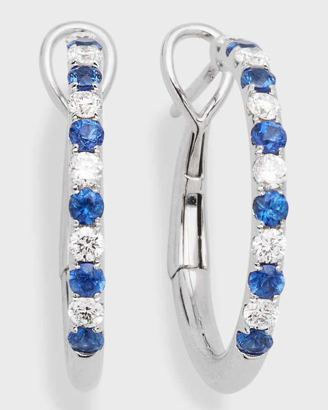 18K White Gold Sapphire Diamond Medium Hoop Earrings