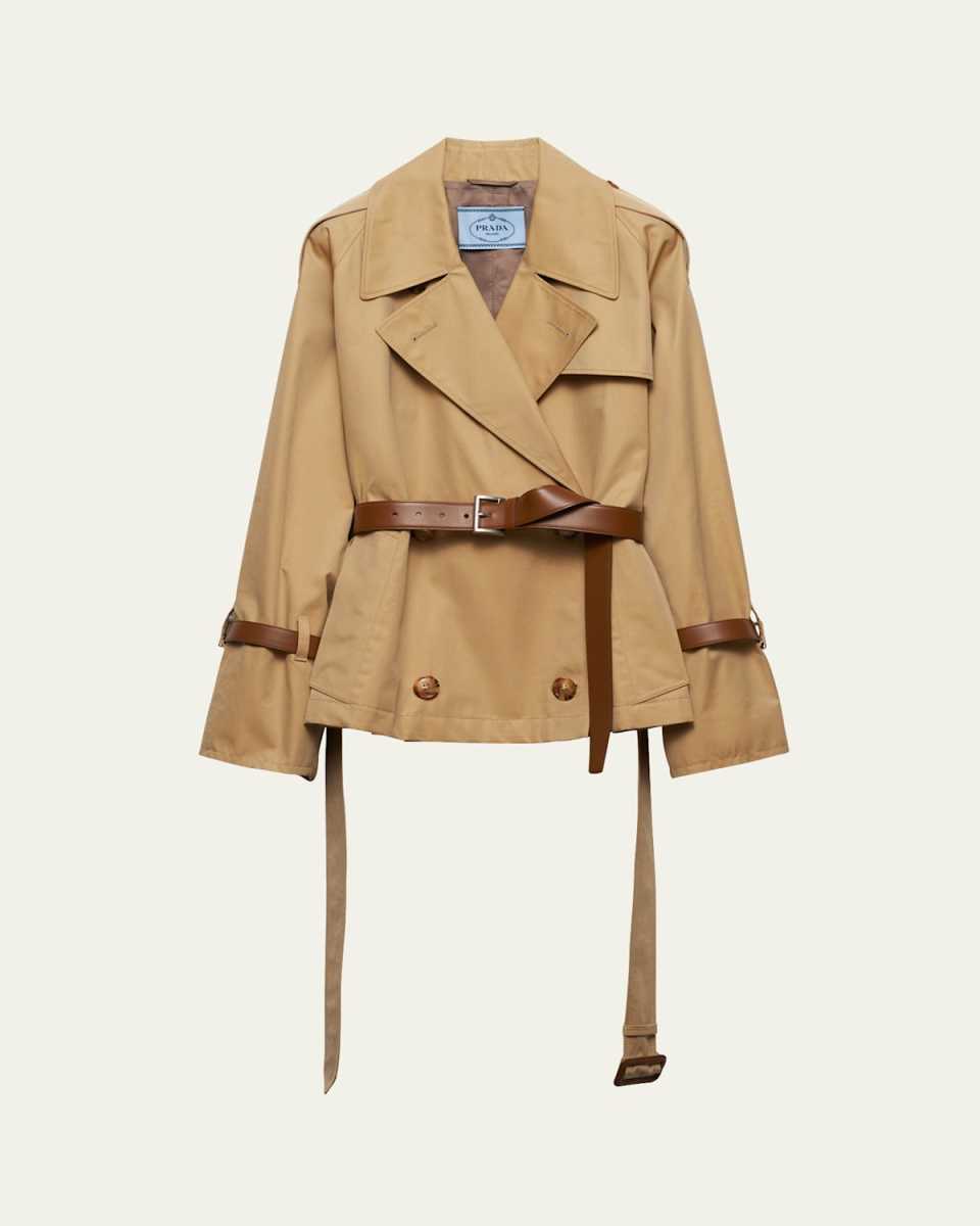 Short Leather Belted Twill Trench Jacket