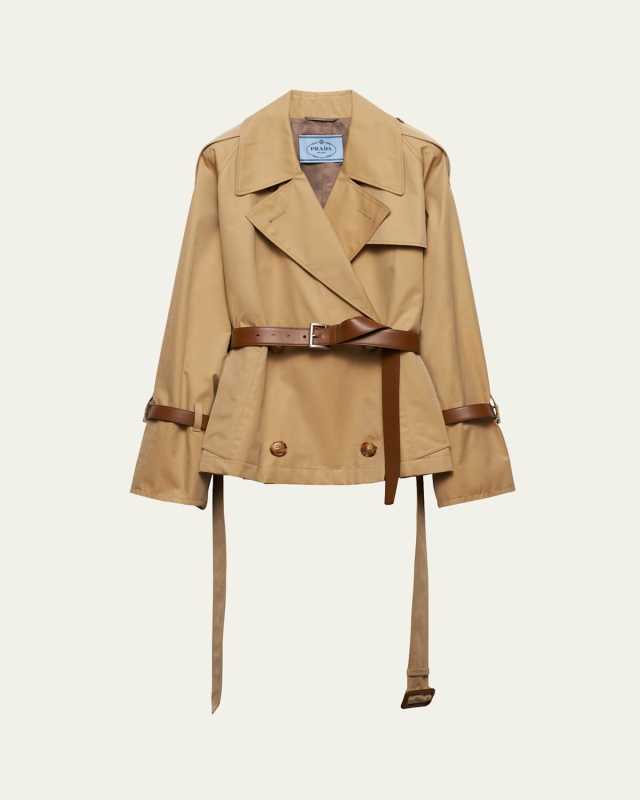 Short Leather Belted Twill Trench Jacket