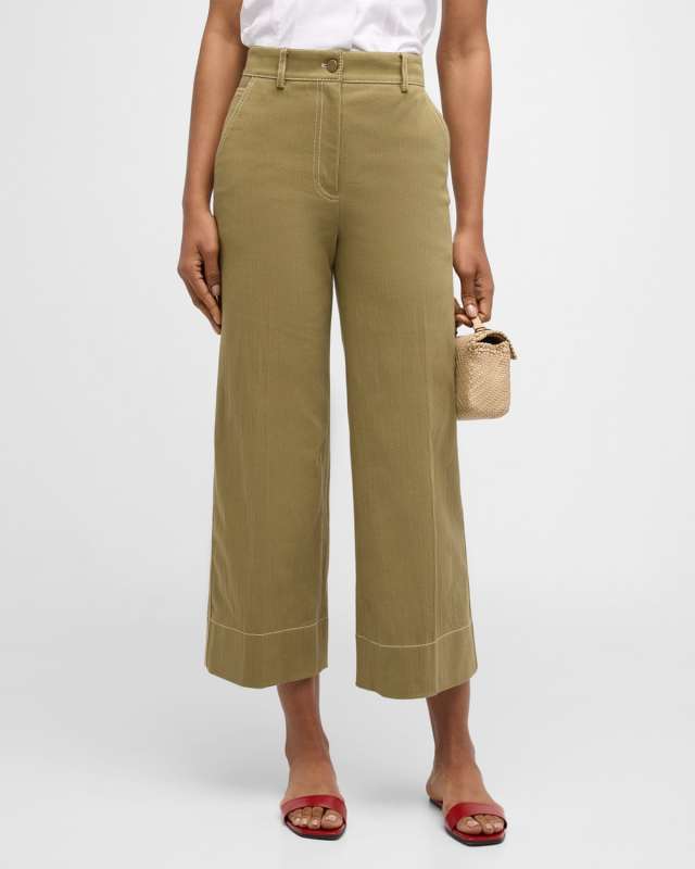Chiara Contrast-Stitch Wide-Leg Ankle Denim Pants