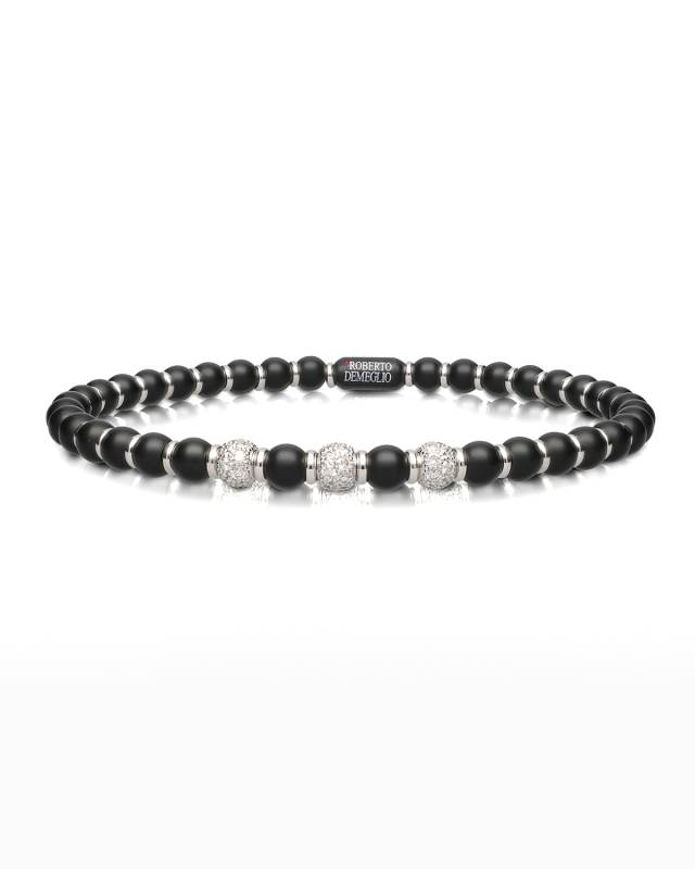 Sfera Matte Black Ceramic Beaded Stretch Bracelet with White Diamonds