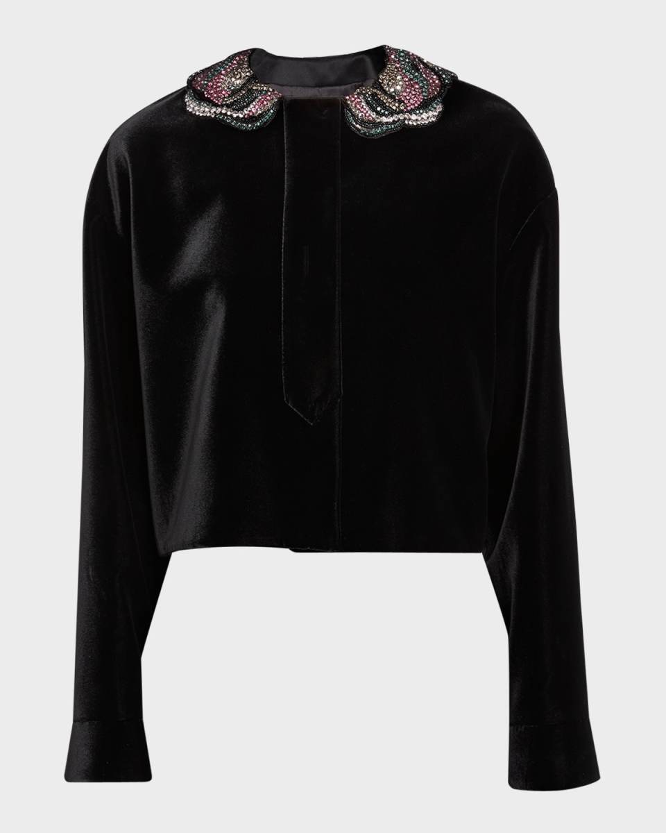 Velvet Short Jacket with Embellished Collar