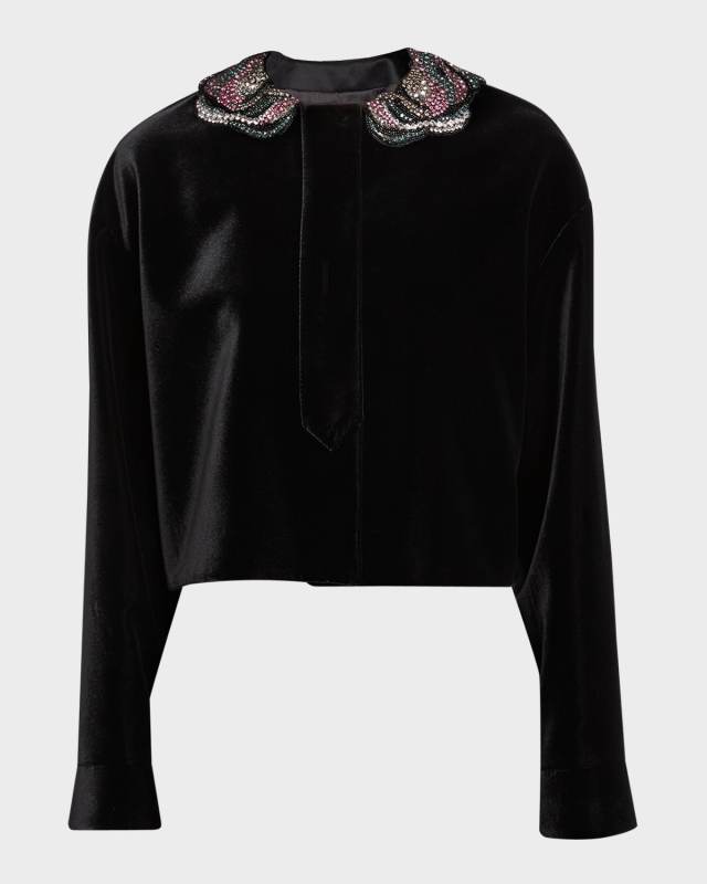 Velvet Short Jacket with Embellished Collar