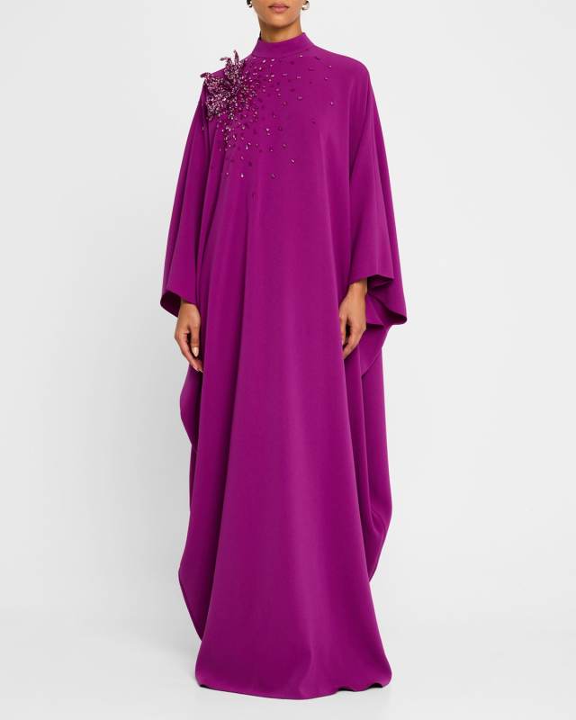Butterfly Beaded Mock-Neck Kaftan Gown