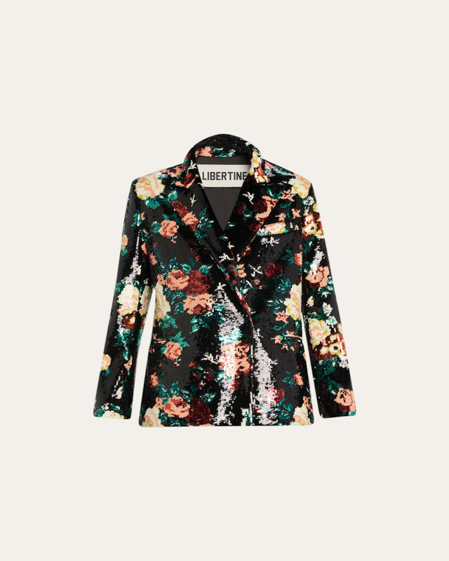 Emma Black Sequin Floral Double-Breasted Blazer