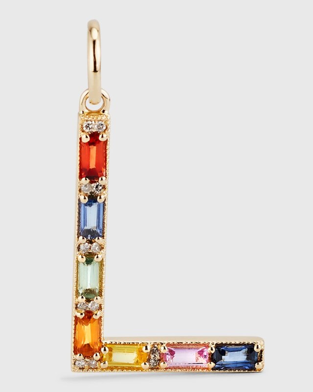 14K Yellow Gold Initial L Multi-Color Sapphire and Diamond Pendant