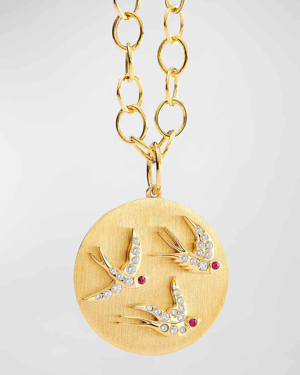 18K Yellow Gold Jardin Flying Swallows Pendant Necklace with Rubies and Diamonds