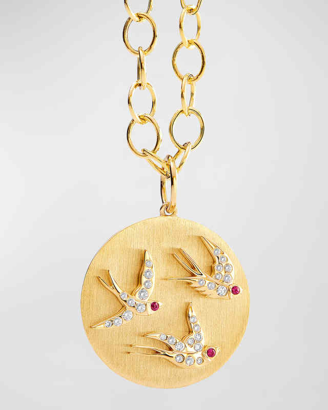 18K Yellow Gold Jardin Flying Swallows Pendant Necklace with Rubies and Diamonds