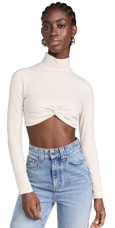 Susana Monaco Twist Mock Crop Top Blanched Almond