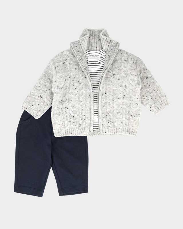 Boy's Cable Knit Sweater W/ Striped Top & Pants Set, Size 3M-24