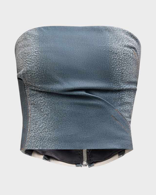 Denim-Printed Leather Strapless Crop Bustier Top