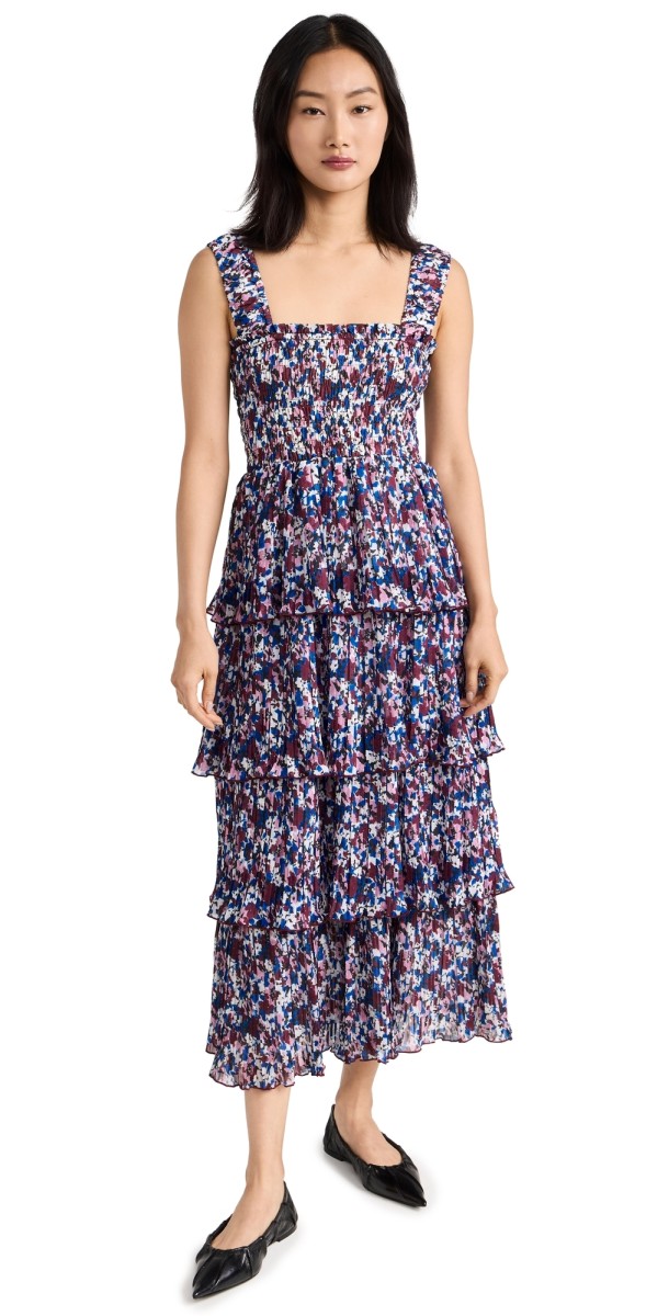 GANNI Pleated Georgette Flounce Smock Midi Dress Multicolor