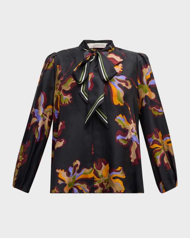 Floral Seductive Tie-Neck Silk Blouse