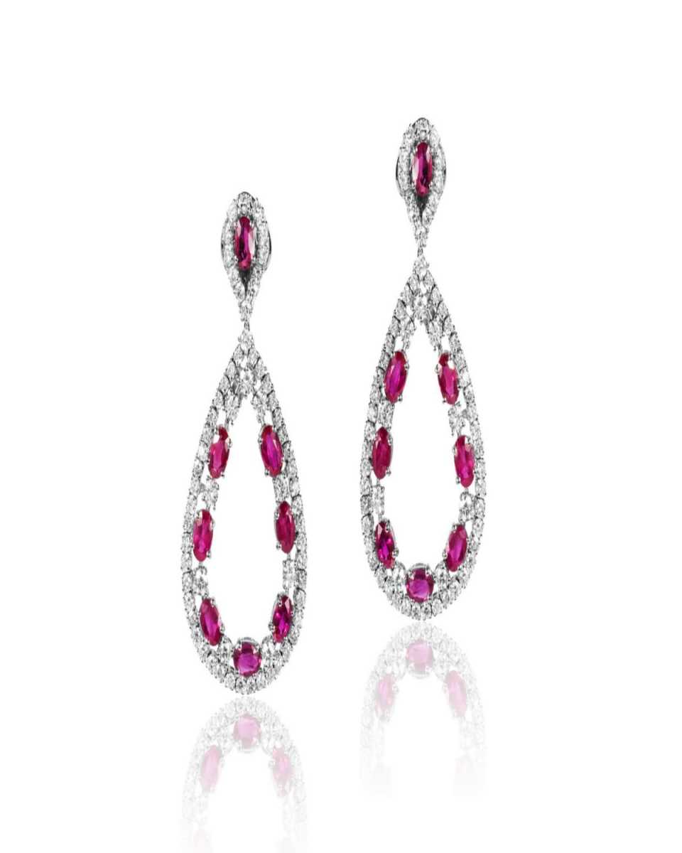 18K White Gold Ruby and Diamond Drop Earrings