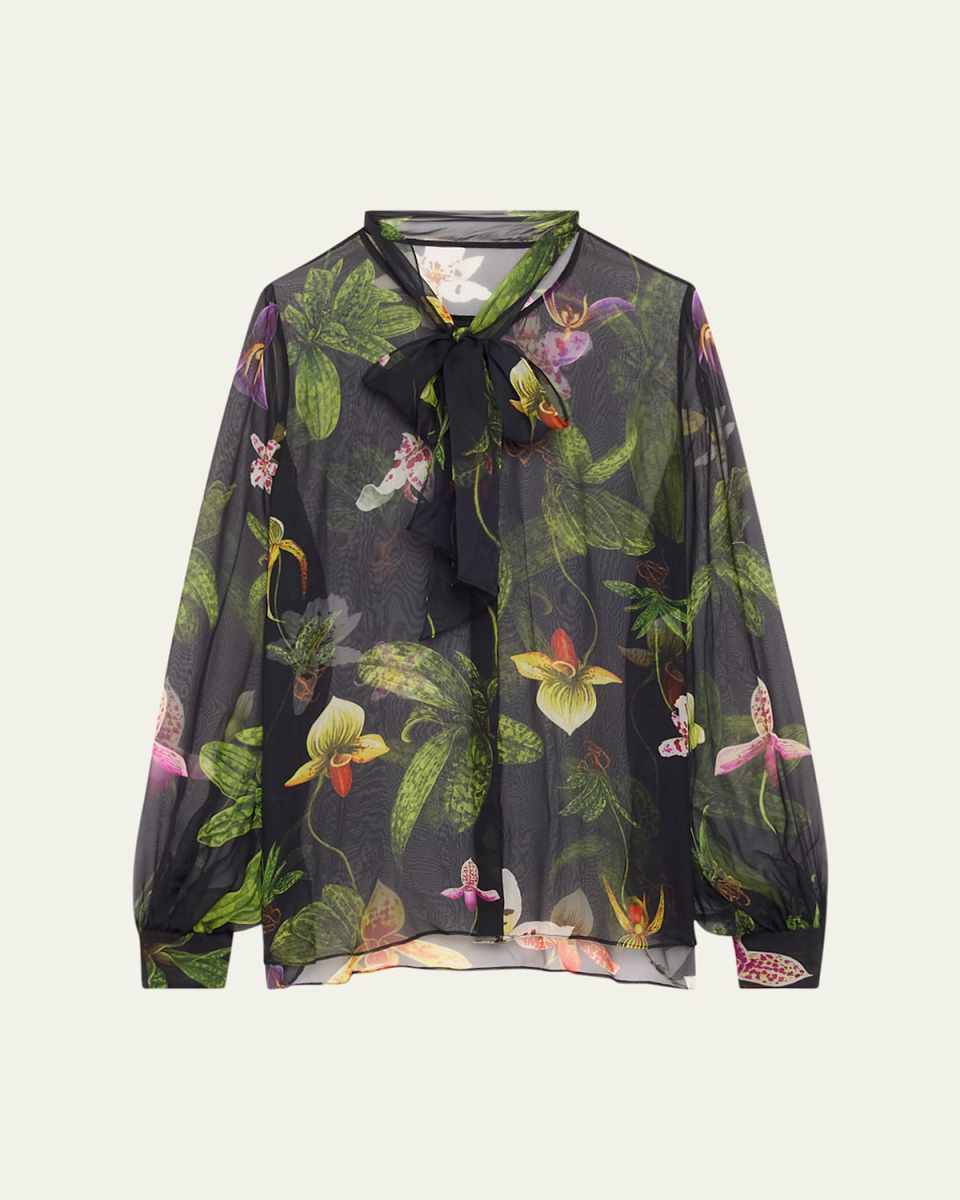 Orchid Print Chiffon Scarf-Tie Blouse