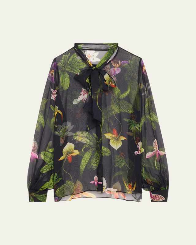 Orchid Print Chiffon Scarf-Tie Blouse