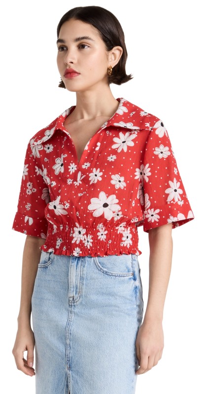 RIXO Bina Top Red Polka Dot Daisy