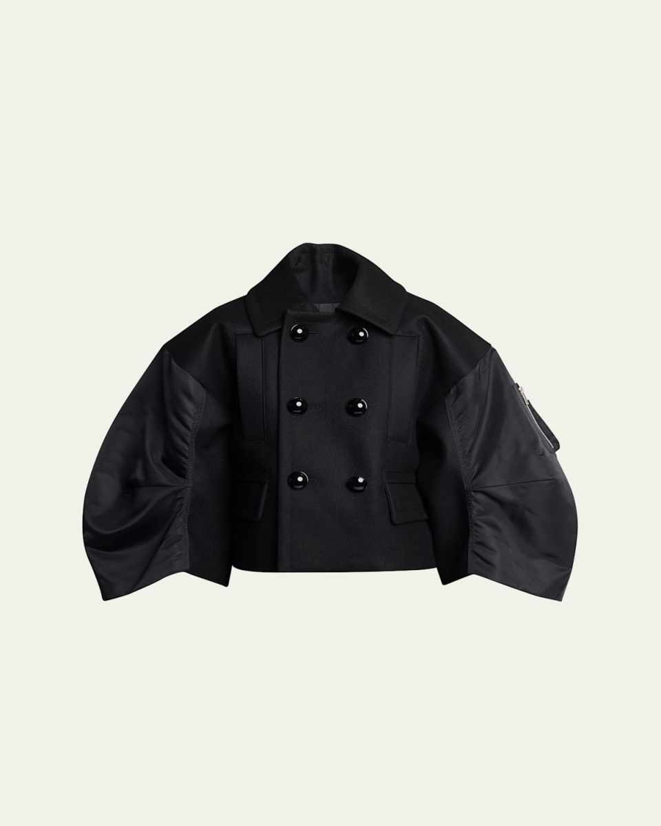 Puff Nylon-Sleeve Cropped Wool Pea Coat