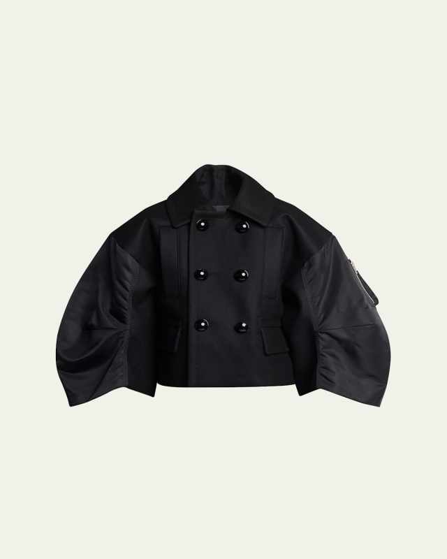 Puff Nylon-Sleeve Cropped Wool Pea Coat