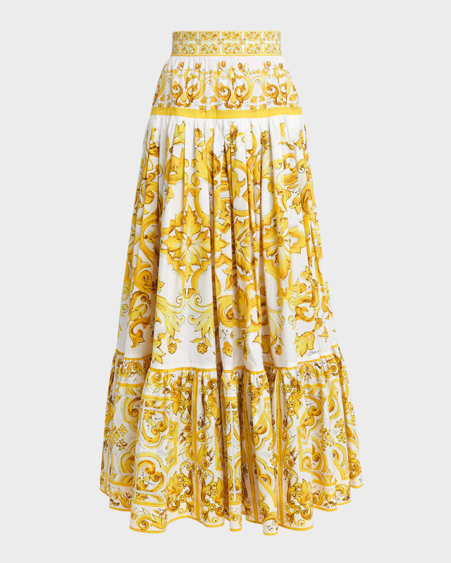 Cotton Popeline Brocade Print Tiered Maxi Skirt