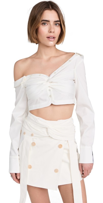 ROKH Asymmetric Twist Crop Blouse White
