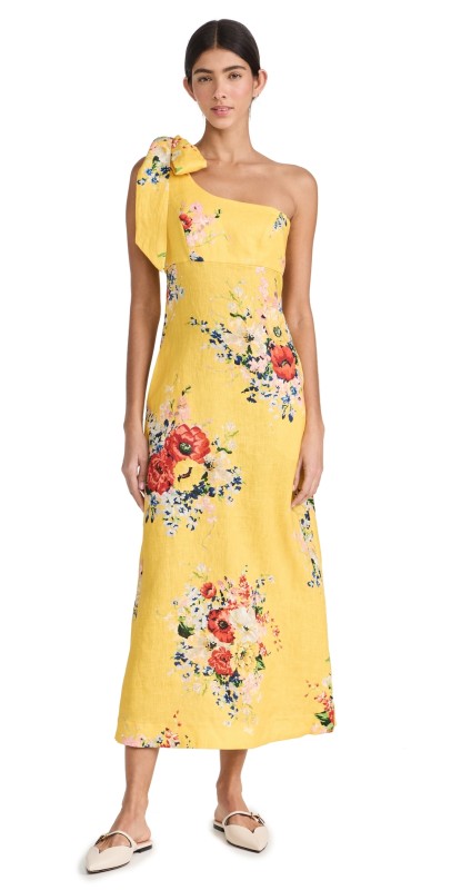 Zimmermann Alight Asymmetrical Midi Dress Yellow Floral