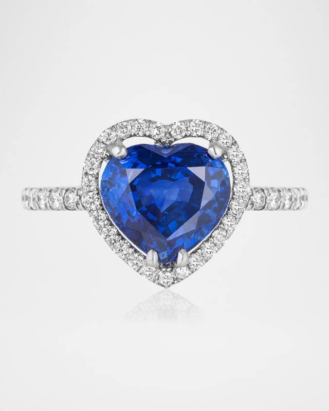 18K White Gold Heart Shape Sapphire Ring with Diamonds, Size 6.5
