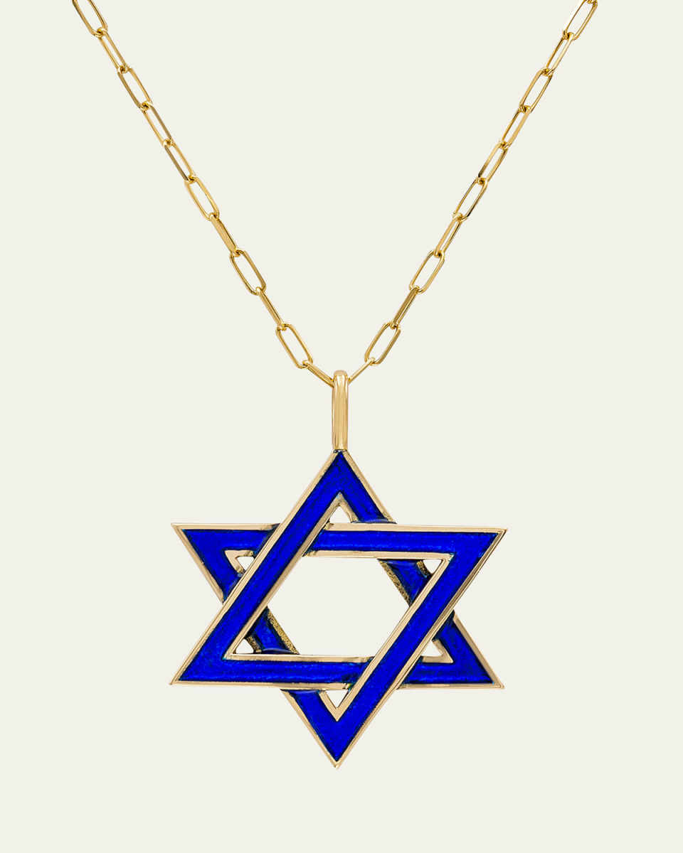 18K Yellow Gold and Blue Enamel Star of David Necklace, 16"L