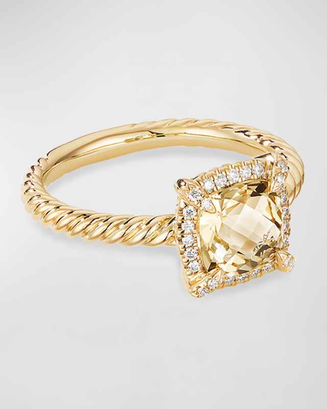 Petite Chatelaine Pave Bezel Ring in 18K Gold with Blue Topaz