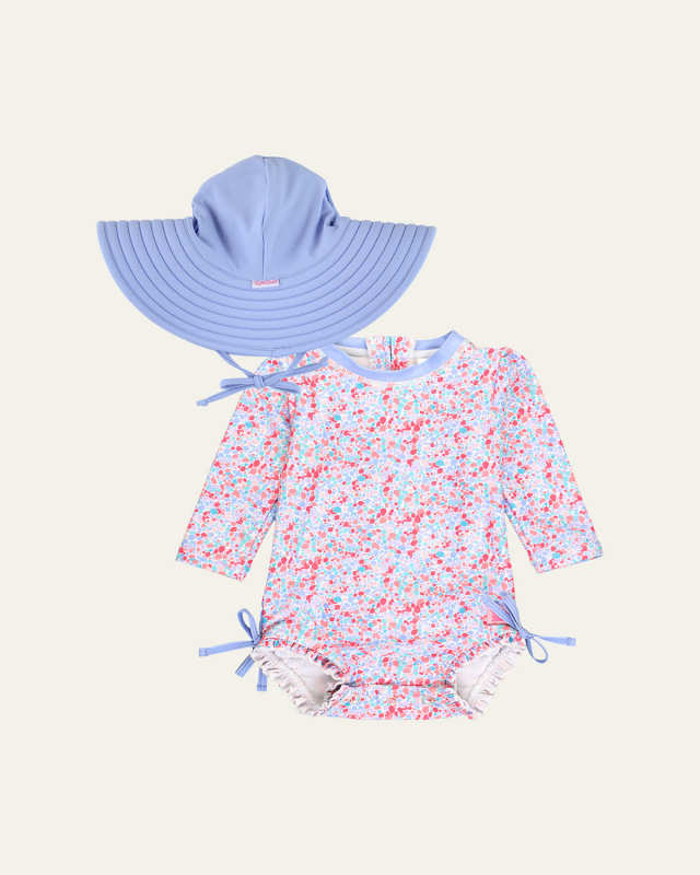 Girl's Shimmer One-Piece Rashguard Swimsuit and Hat Set, Size 0M-3T