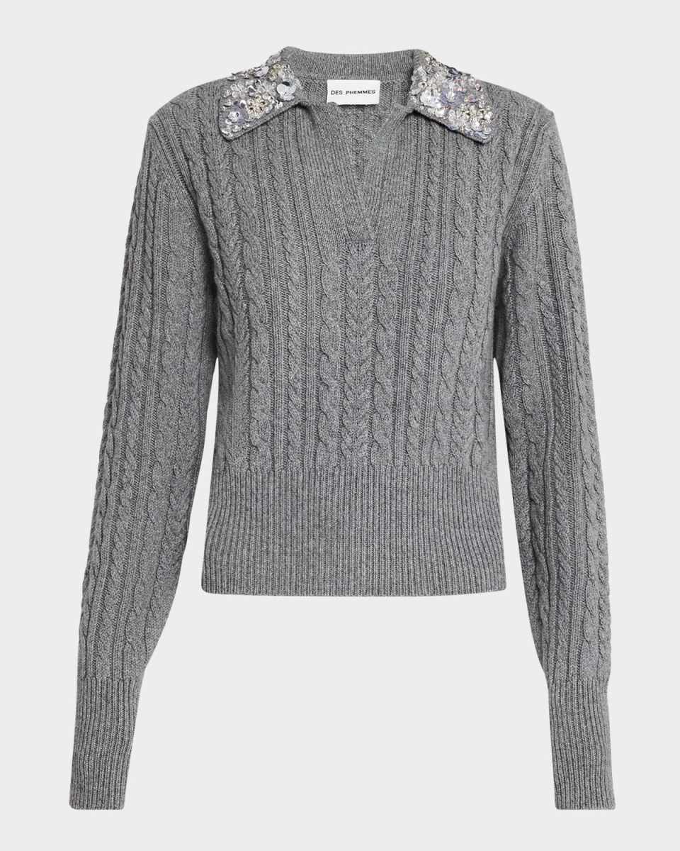 Embellished Cable-Knit Polo Sweater