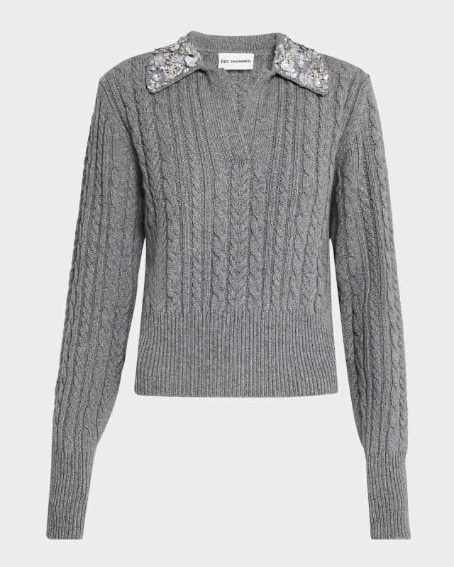 Embellished Cable-Knit Polo Sweater