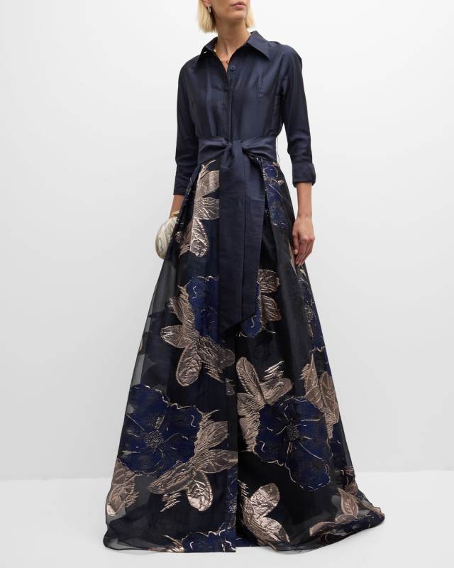 Metallic Floral Organza Shirt Gown