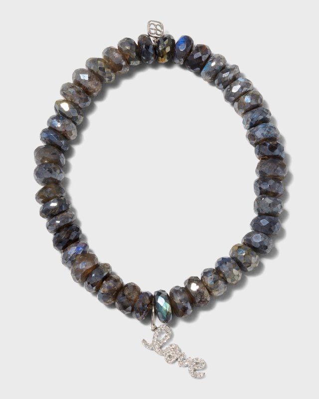 Love Script Charm on Mystic Labradorite Faceted Rondelle Bracelet
