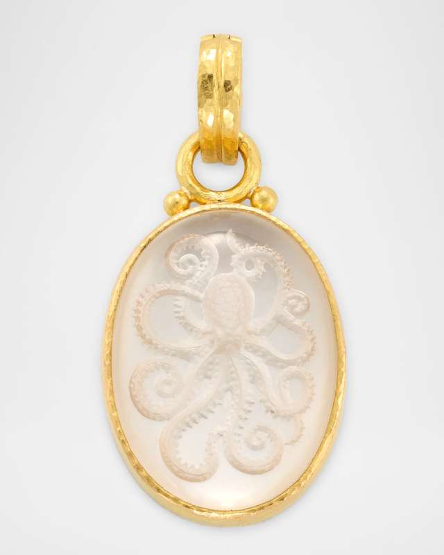 19K Yellow Gold Medium Vertical Oval Rock Crystal Octopus Pendant