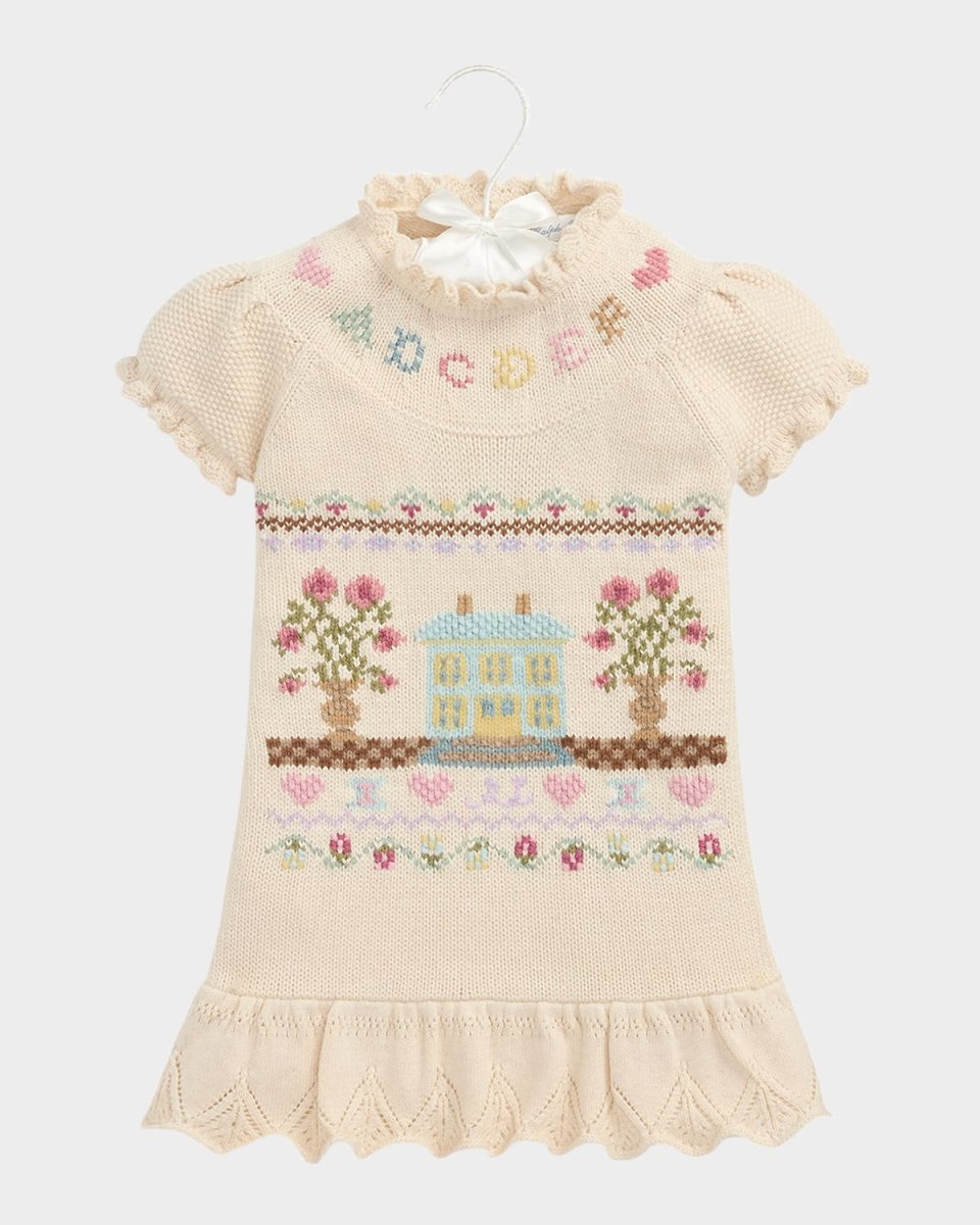 Girl's Cable Knit Floral-Print Sweater Dress, Size 3M-24