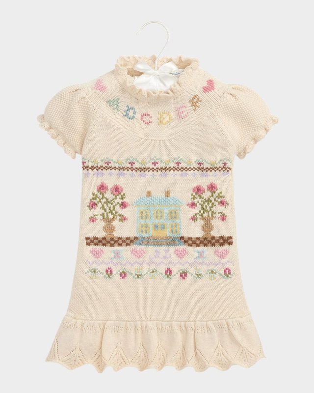 Girl's Cable Knit Floral-Print Sweater Dress, Size 3M-24